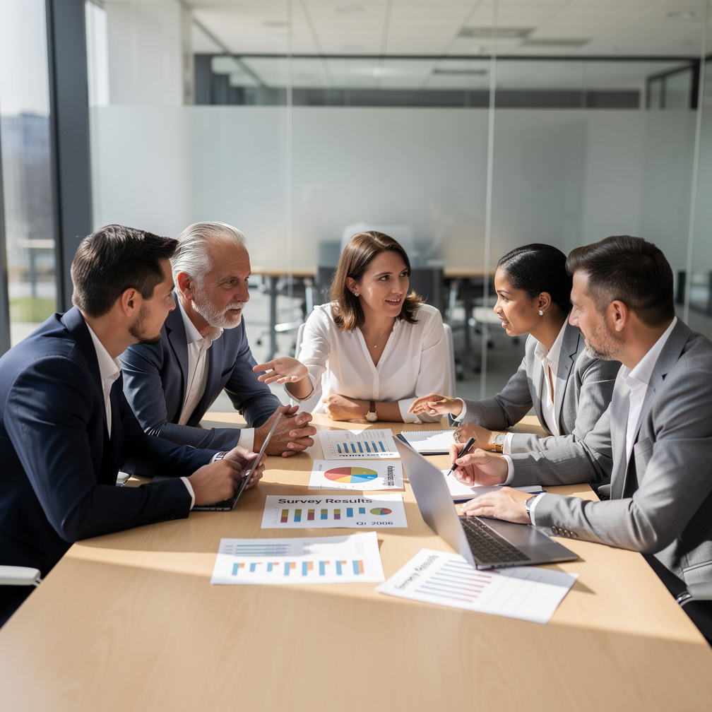 Team of researchers discussing data around a table