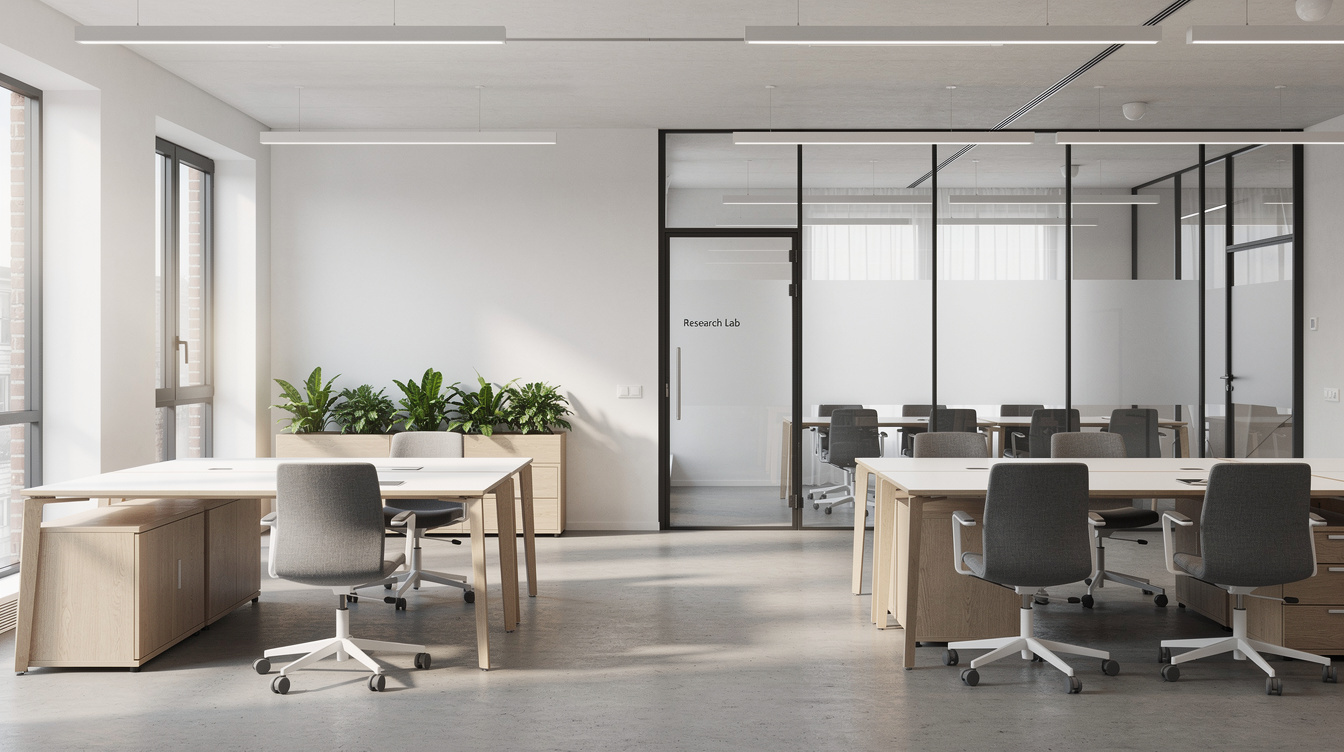 Modern research institute office interior with glass meeting room